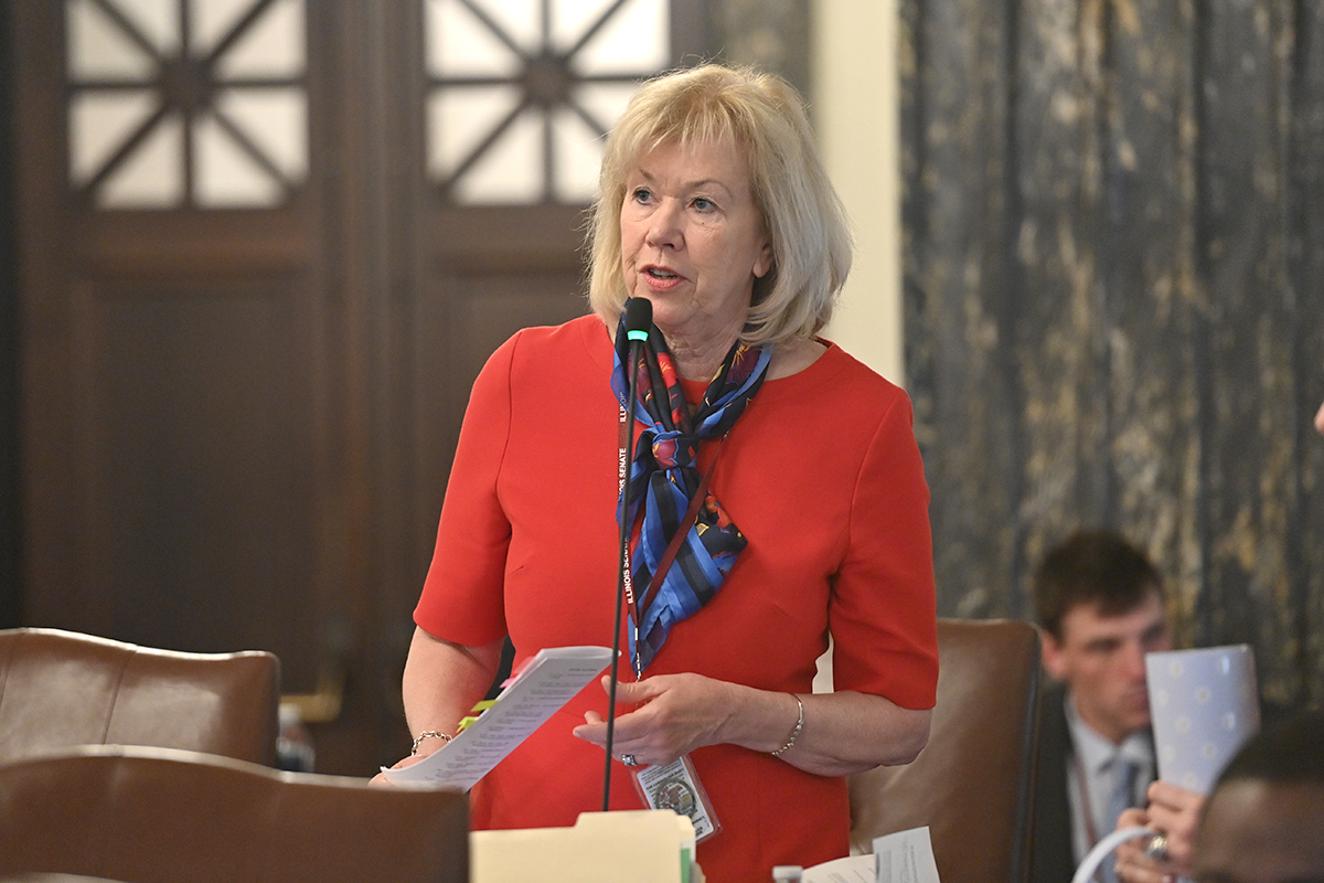 Senator Morrison speaks into a microphone while on the Senate floor.