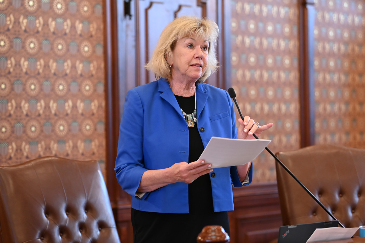 Senator Morrison holds a piece of paper and speaks into a microphone in the Senate chamber.
