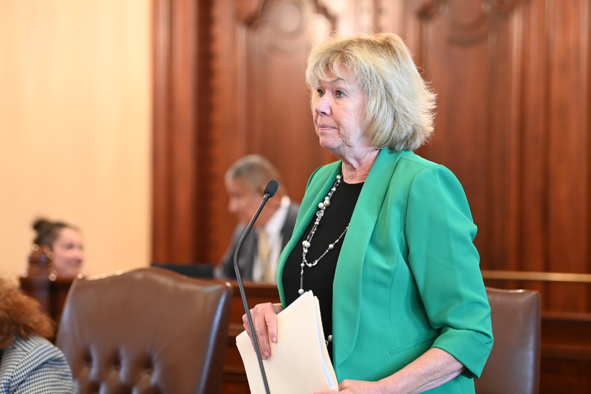Senator Morrison holds a stack of papers while standing in the Senate chamber.